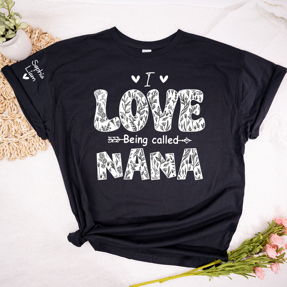 I Love Being Called Nana Shirt, Personalized Nana T Shirt with Kids Names on Sleeve, Cute Grandma Gift, Mothers Day Apparel