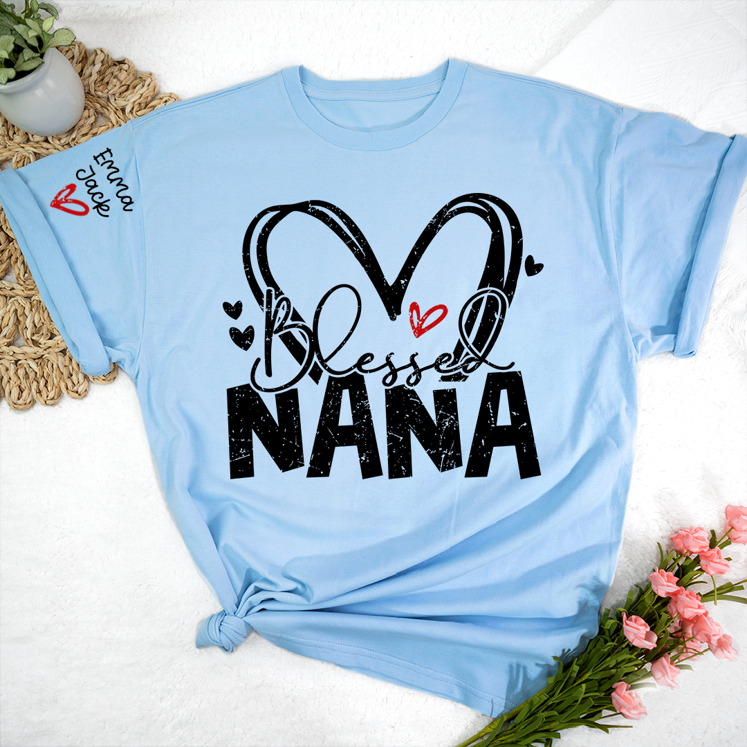 Blessed Nana Shirt, Personalized Family T Shirt with Custom Grandkids Names and Heart Design