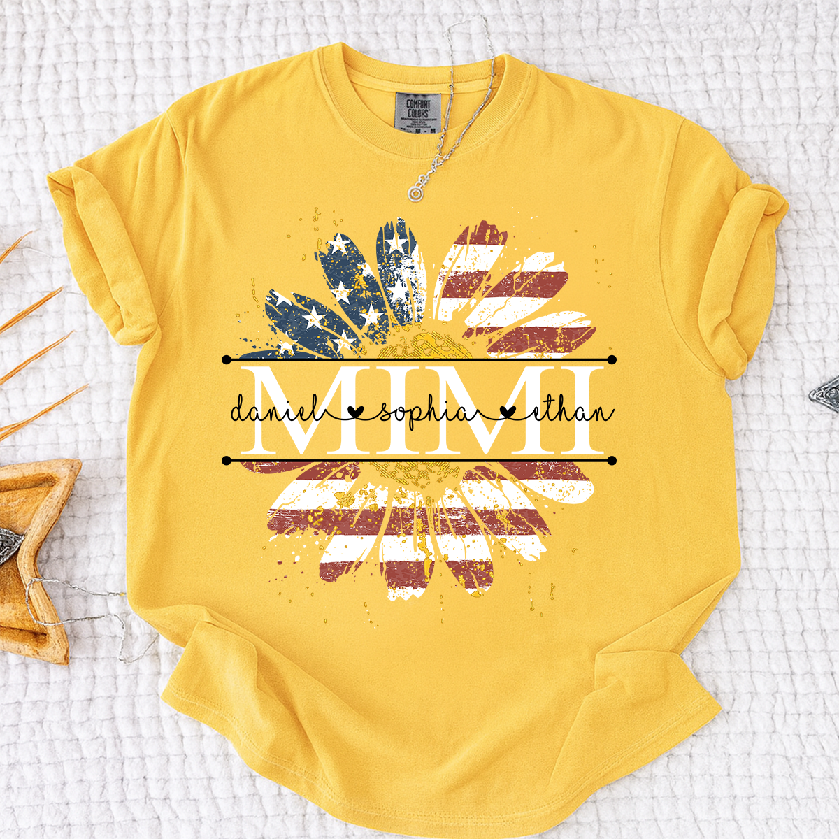 Comfort Mimi Daisy Shirt With American Flag Print, Custom Name, Floral Design, Personalized Family t-shirt