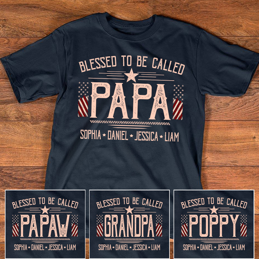 Custom Papa Shirt, Blessed to Be Called Papa with American Flag, Personalized Grandkids Names