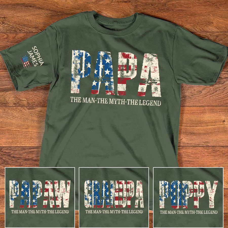 Papa The Man The Myth The Legend Tee, Custom Papa Shirt with Kids Names, USA Flag Design, Meaningful Gift for Father Grandpa