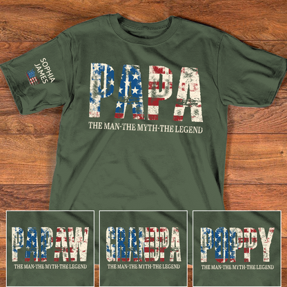 Papa The Man The Myth The Legend Tee, Custom Papa Shirt with Kids Names, USA Flag Design, Meaningful Gift for Father Grandpa