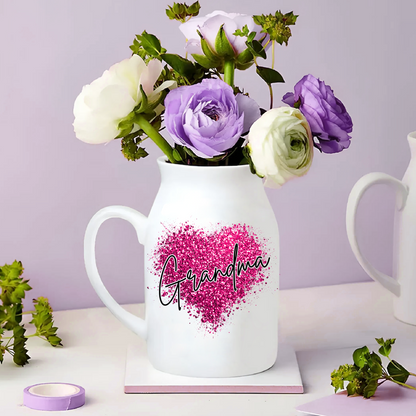 Heart Glitter Grandma And Kids - Custom Home Decoration Flower Vase According To Family Requirements - Warm Gift For Mother's Day, Ceramic Flower Vase