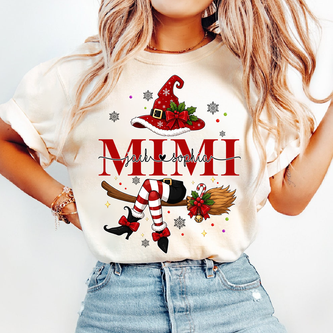 Funny Mimi Holiday Shirt, Christmas Santa Witch Legs Graphic Tee, Personalized Grandma T Shirt, Cute Winter Gift for Women