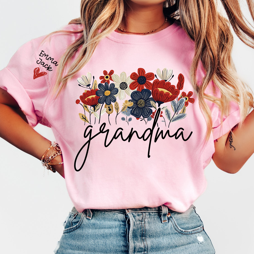 Personalized Grandma Floral Shirt with Custom Grandkids Names, Colorful Flower Design
