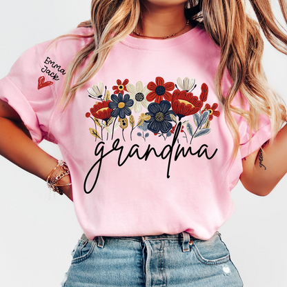 Personalized Grandma Floral Shirt with Custom Grandkids Names, Colorful Flower Design
