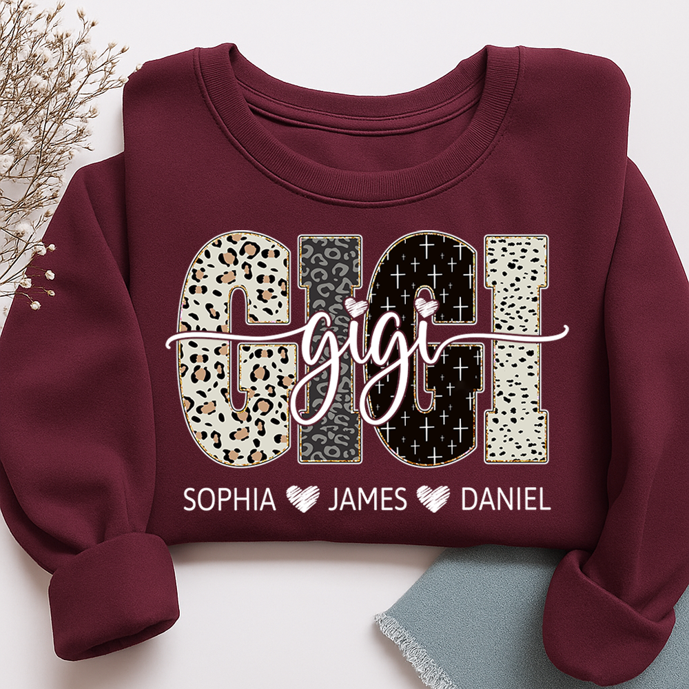 Personalized GiGi Sweatshirt With Grandkids Names, Custom Leopard Print Grandma Pullover