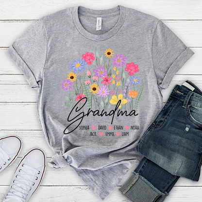 Personalized Grandma Floral Shirt, Custom Family Names T-Shirt with Wildflower Design