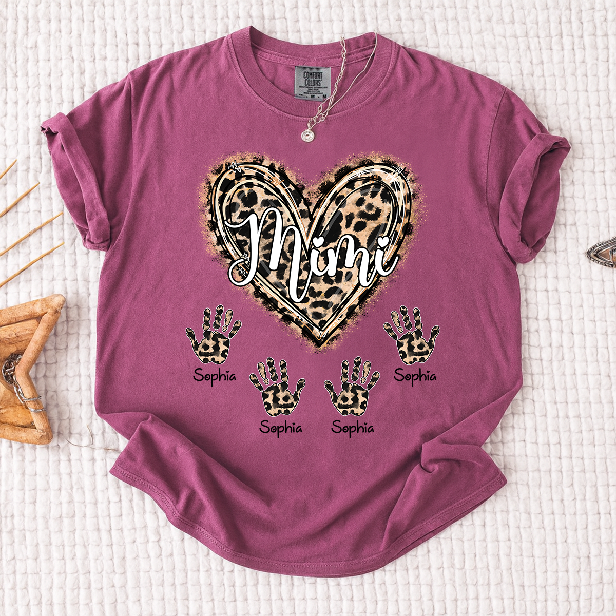 Comfort Colors Mimi Leopard Heart Shirt, Custom Handprint T Shirt with Grandkids Names, Unique Gift for Mimi, Personalized Family Shirt