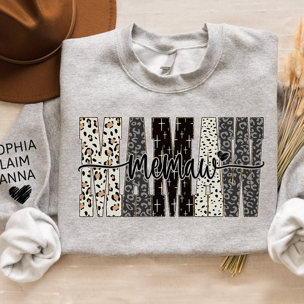 Personalized Memaw Leopard Sweatshirt – Custom Bible Style Design, Unique Gift for Grandma and Her Grandkids