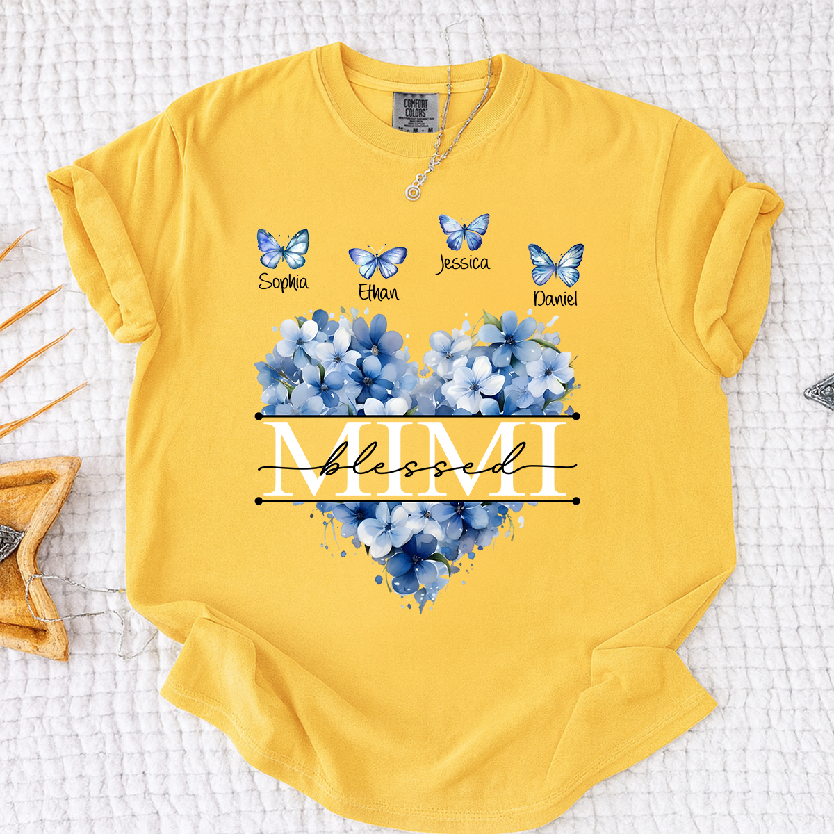 Comfort Colors Blessed Mimi T Shirt, Personalized with Kids Names, Heart Shaped Floral Design with Butterflies, Perfect for Mimi