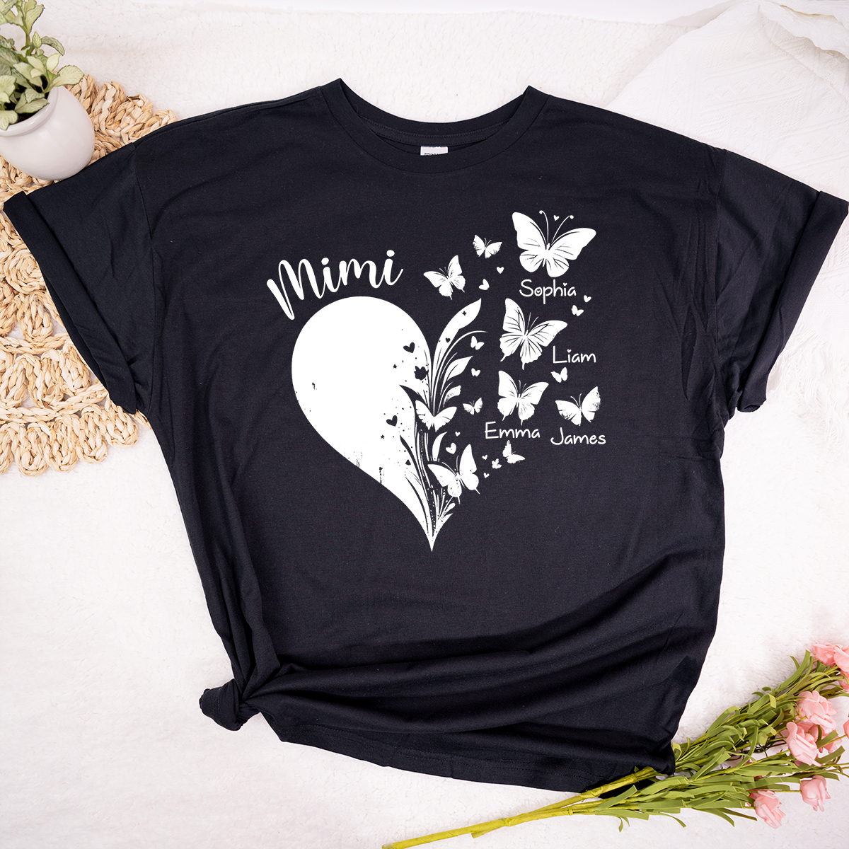 Mimi Butterfly Heart Shirt with Kids Names, Personalized Mimi Grandma T-Shirt Gift for Her