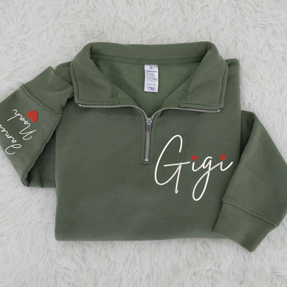 Gigi Heart Embroidered Quarter Zip, Personalized Name Sweater for Grandma