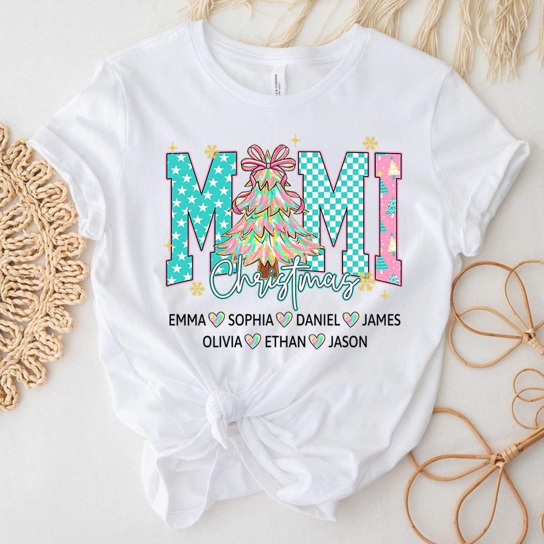 Christmas Tree Mimi T-Shirt, Custom Family Name for Grandma And Kids