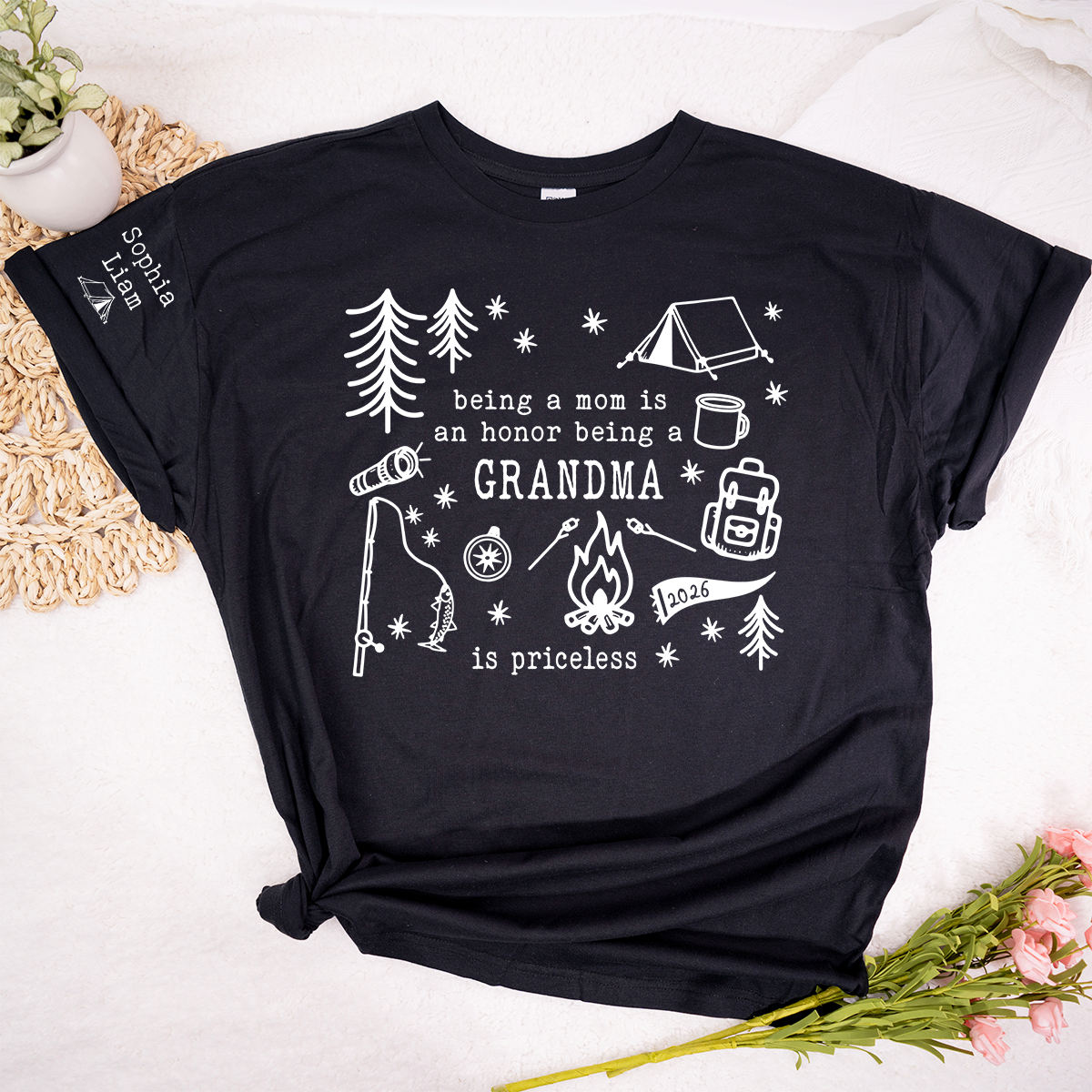 Personalized Camping Grandma Shirt, Custom Grandkids Names Sleeve Tee, Being a Mom Is an Honor Being a Grandma Is Priceless