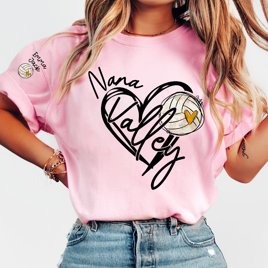 Personalized Nana Volleyball T Shirt, Custom Names with Heart and Volleyball Graphic