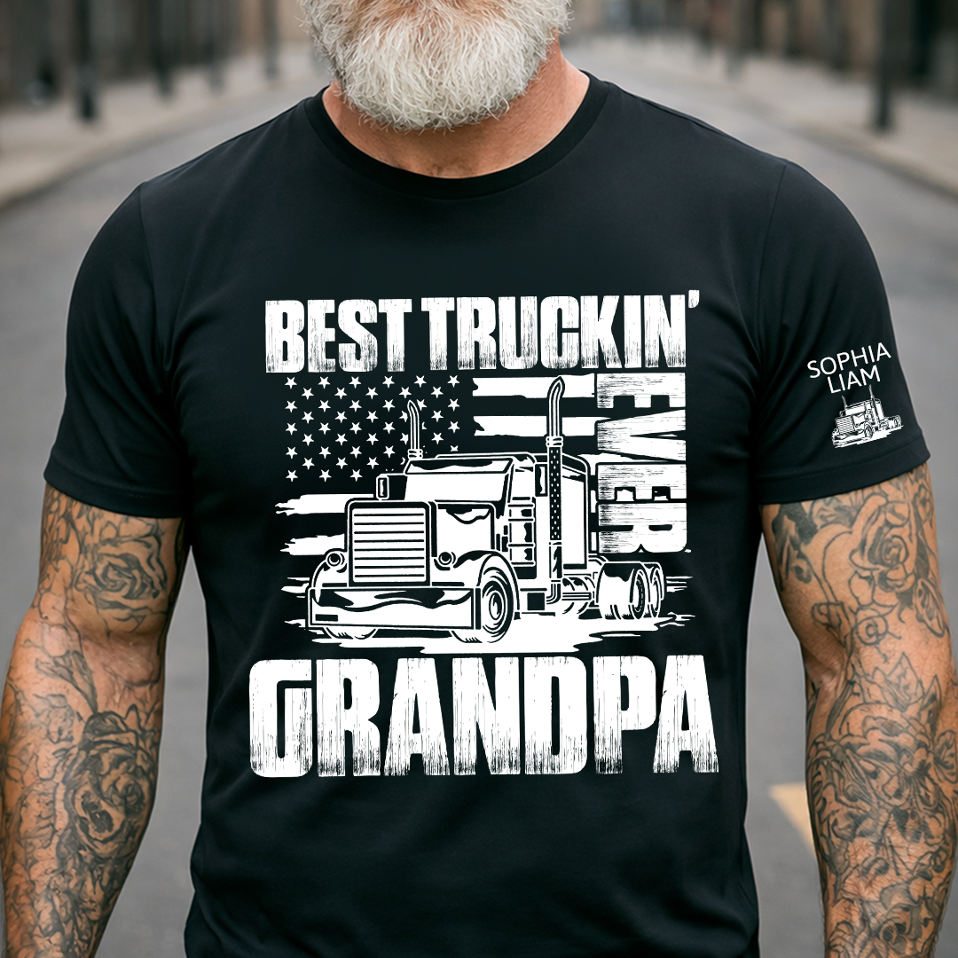 Personalized Best Truckin' Grandpa Ever, 4th July Independence Day American Flag T-Shirt For Gift Grandpa And Kids
