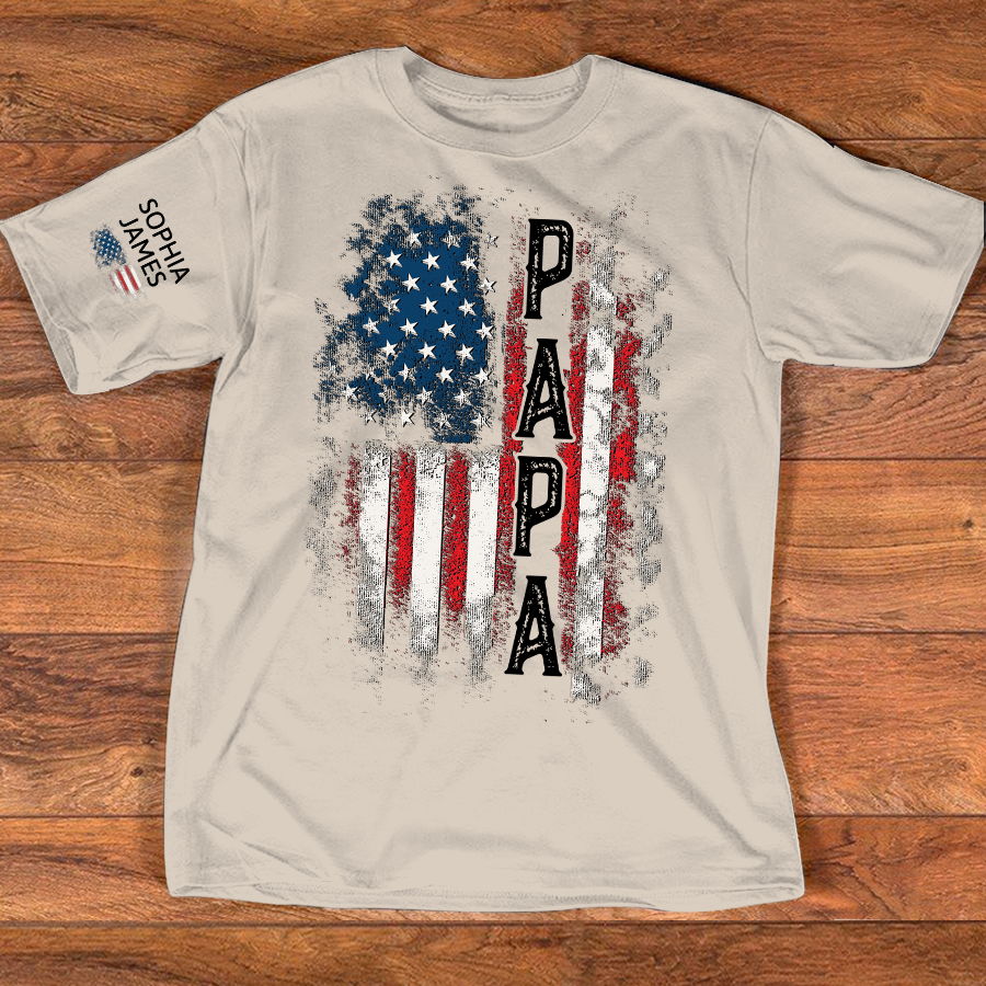Custom Papa Shirt, 4th of July American Flag Design, Personalized with Family Names, Patriotic Gift Tee