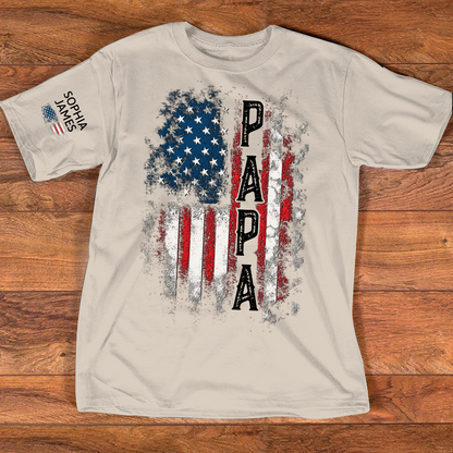 Custom Papa Shirt, 4th of July American Flag Design, Personalized with Family Names, Patriotic Gift Tee