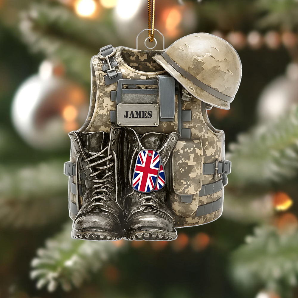 Personalized Military Ornament 2025 – Custom Name Army Vest and Helmet Christmas Ornament, Gift for Soldiers & Veterans Ornament