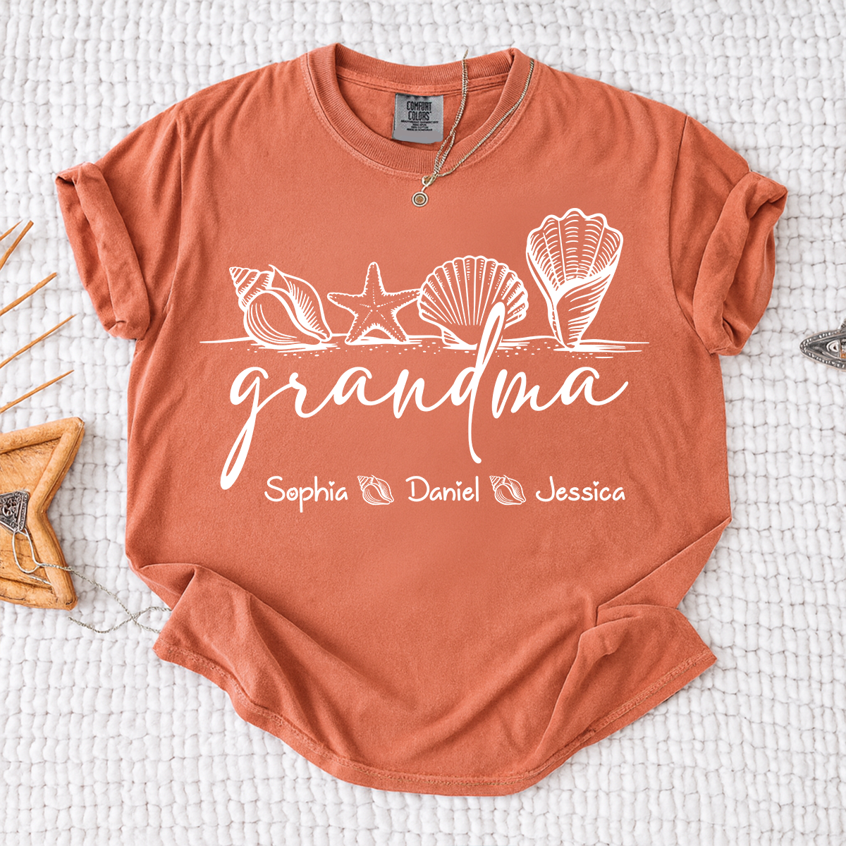 Comfort Colors Custom Grandma Seashell Shirt, Personalized Grandchildren Names Tee, Beach Lover Grandma Gift for Mother's Day and Birthday