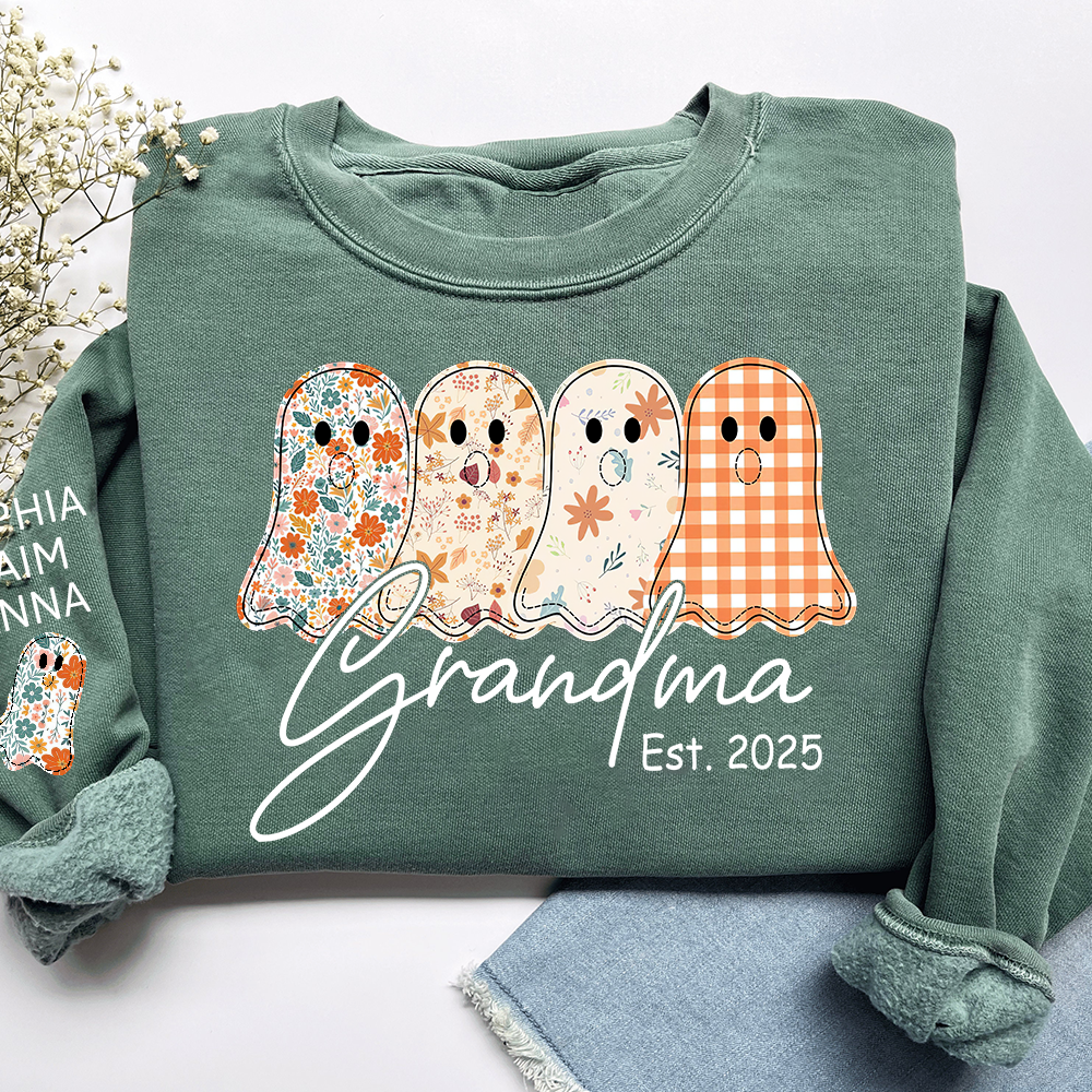 Personalized Fall Ghost sweatshirt, Custom Kids name on sleeve, For Gift Grandma