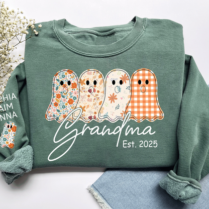 Personalized Fall Ghost sweatshirt, Custom Kids name on sleeve, For Gift Grandma