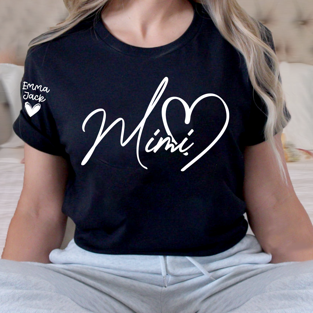 Personalized Family Mimi T Shirt with Custom Names, Simple Script Heart Design