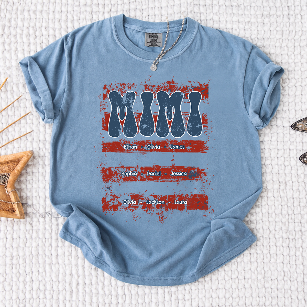 Comfort Colors Personalized Mimi Shirt with Family Names Patriotic American Flag Graphic Custom Family T Shirt for Mimi