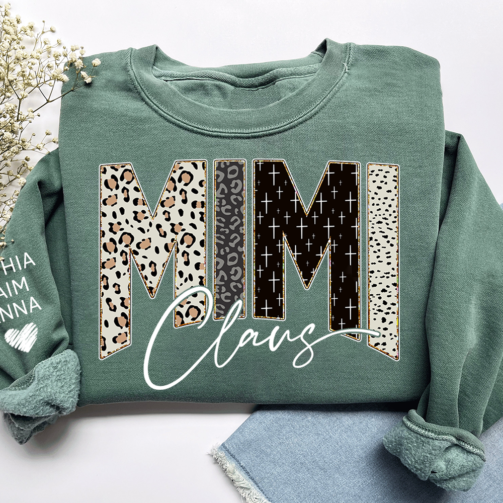 Personalized Mimi Claus Leopard Sweatshirt – Custom Bible Style Design, Unique Gift for Grandma and Her Grandkids