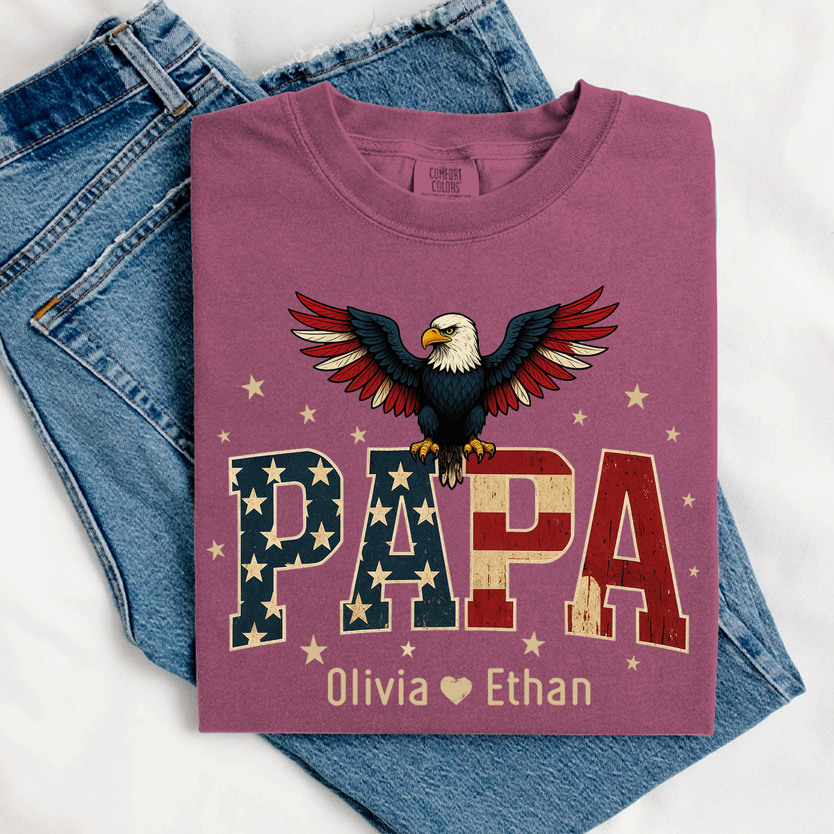Comfort Colors® Personalized Papa Shirt, Eagle with Grandkids name T-Shirt, Custom Shirt for Fathers Day