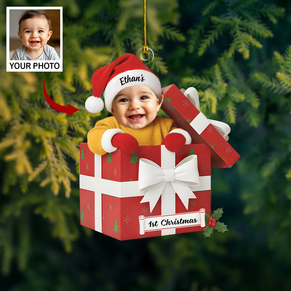Custom Baby Photo Ornament 2025 – Baby’s 1st Christmas Gift Box Design, Personalized Name Christmas Decoration Ornament