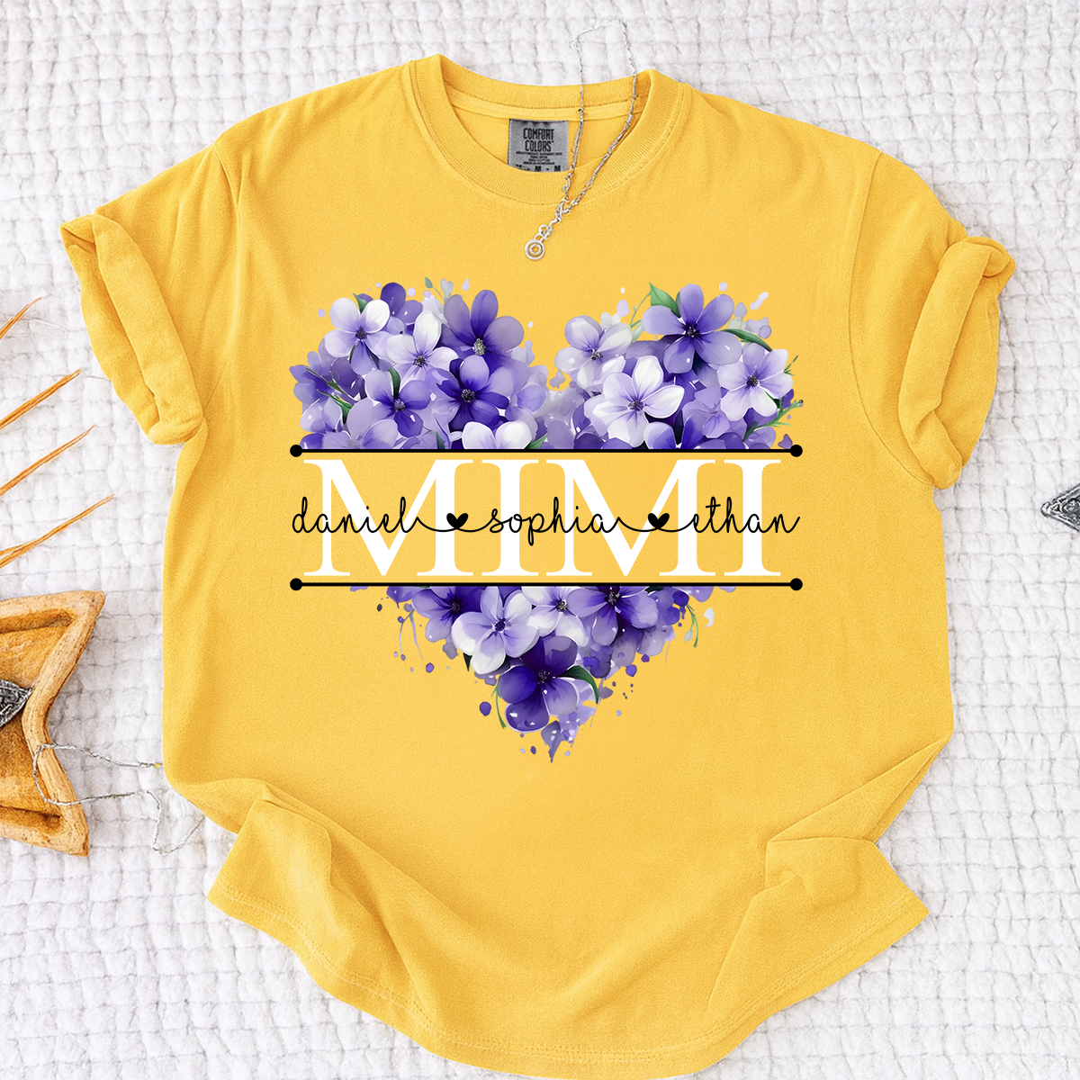 Comfort Colors Personalized MIMI T Shirt, Custom Family Names with Purple Floral Heart Design, Perfect Gift for Mimi