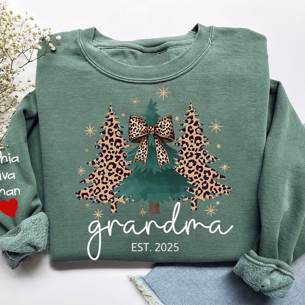 Christmas Sweater Printed with Personalized Name, Leopard Christmas Tree Personalized Gift for Grandma