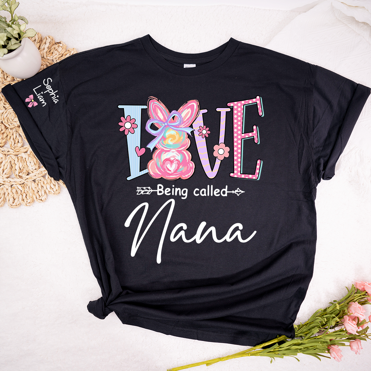 Love Being Called Nana Shirt Personalized, Custom Bunny Grandma Tee with Grandchild Name