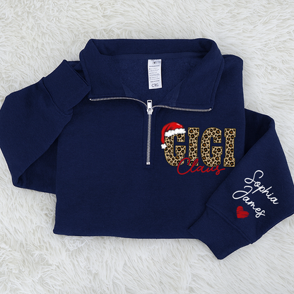Gigi Claus Leopard Christmas Quarter Zip – Custom Name Sweatshirt Gift For Grandma
