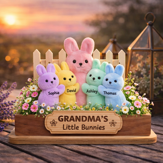 Personalized Easter Wooden Plaque - "Grandma's Little Bunnies" with Custom Grandkids' Names, Plush Bunny and Floral Design