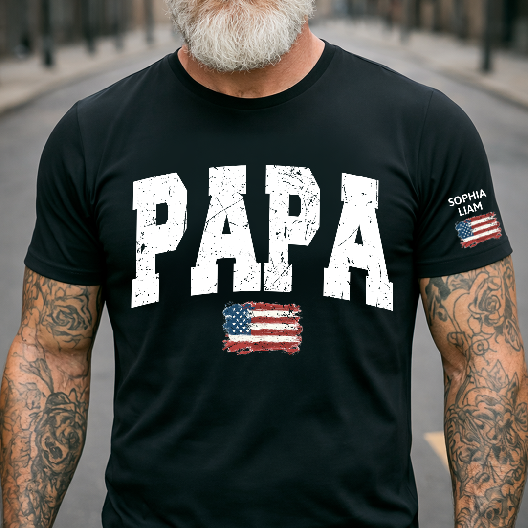 Personalized American Flag Printed Papa T-Shirt, With Custom Grandpa And Kids