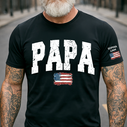 Personalized American Flag Printed Papa T-Shirt, With Custom Grandpa And Kids
