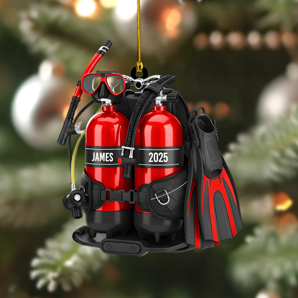 Personalized Scuba Diving Ornament 2025 – Custom Name Diver Ornament with Gear Set, Perfect Gift for Ocean Lovers & Divers Ornament