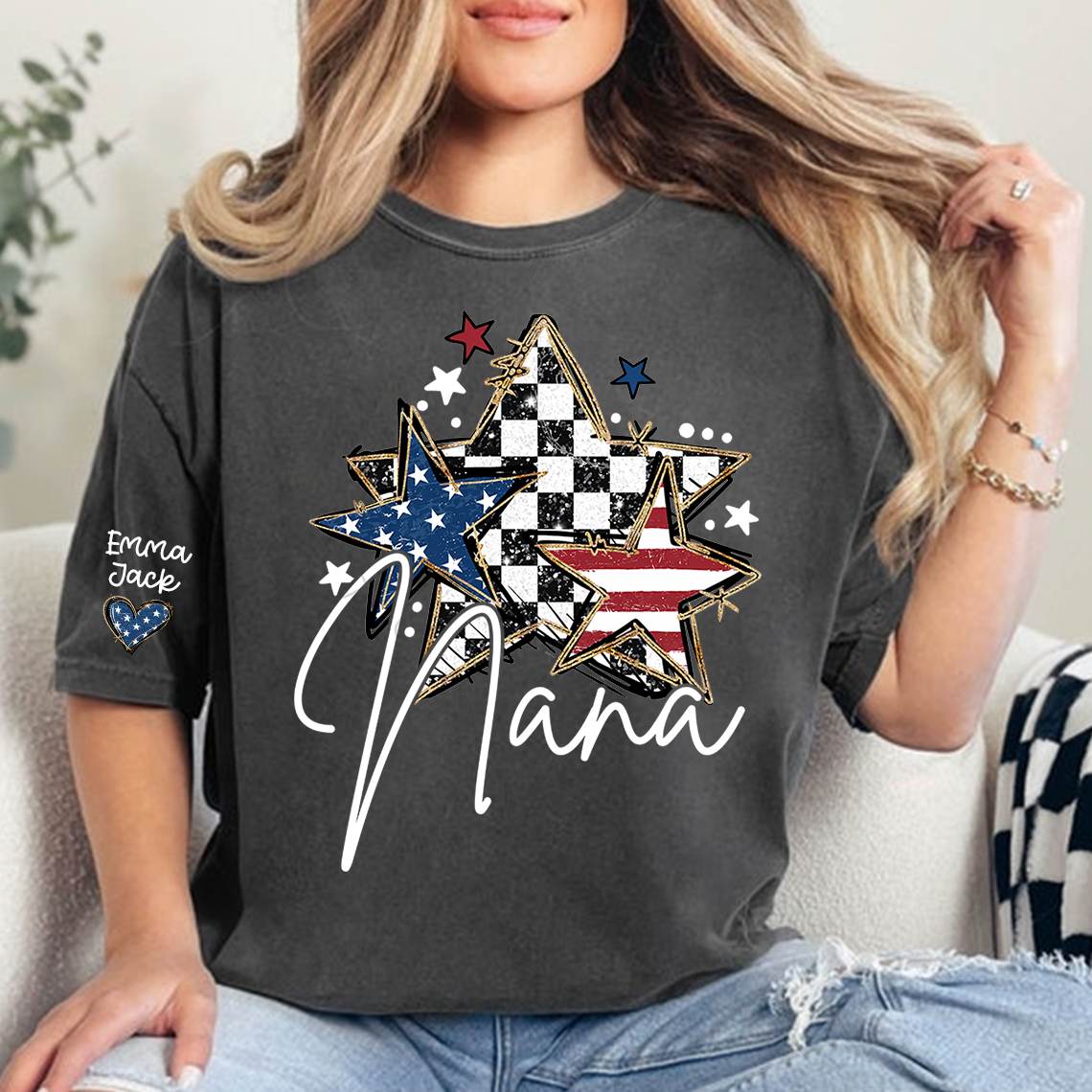 Custom Nana Flag Star T-shirt, Grandma Shirt with Kids, Mother's Day Gift for Grandma