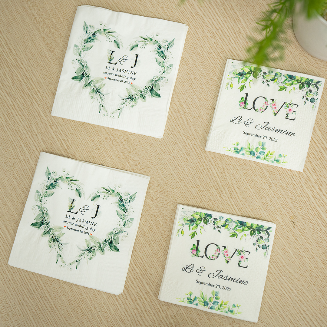 Custom Wedding Napkins with Bride and Groom Initials – Romantic Floral Green Wreath – Elegant Touch for Rustic & Garden Weddings