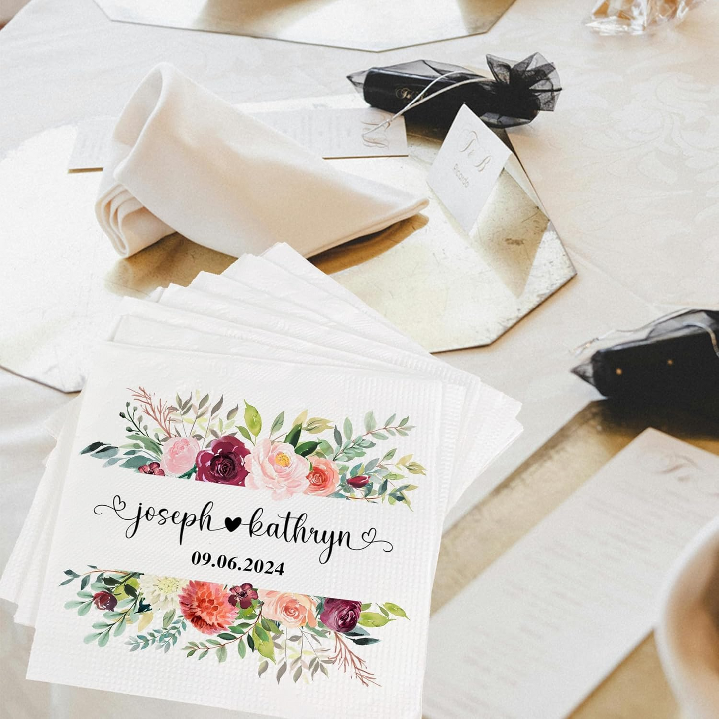 Personalized Floral Wedding Napkins with Custom Names and Date - Elegant Bridal Shower or Wedding Reception Decor, Unique Party Favors