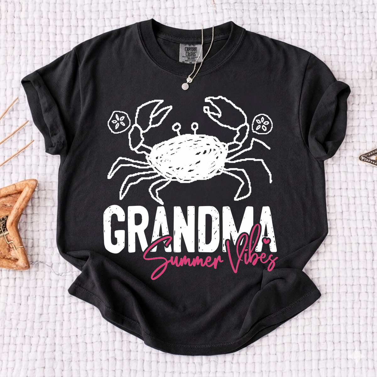 Personalized Grandma Summer Crab T Shirt, Custom Family Names Tee, Cute Crab Beach Graphic Shirt, Gift for Nana and Grandma