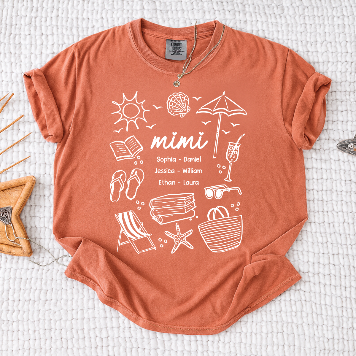 Comfort Colors Custom Mimi T Shirt with Grandchildren Names, Beach Life Graphic Tee, Personalized Summer Vacation Shirt for Women