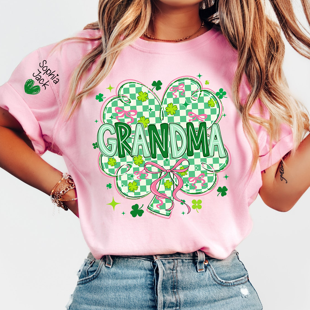 Heart Mimi T-Shirt For St Patrick’s Day, Personalized Grandma Shamrock Clover T Shirt With Kids Names