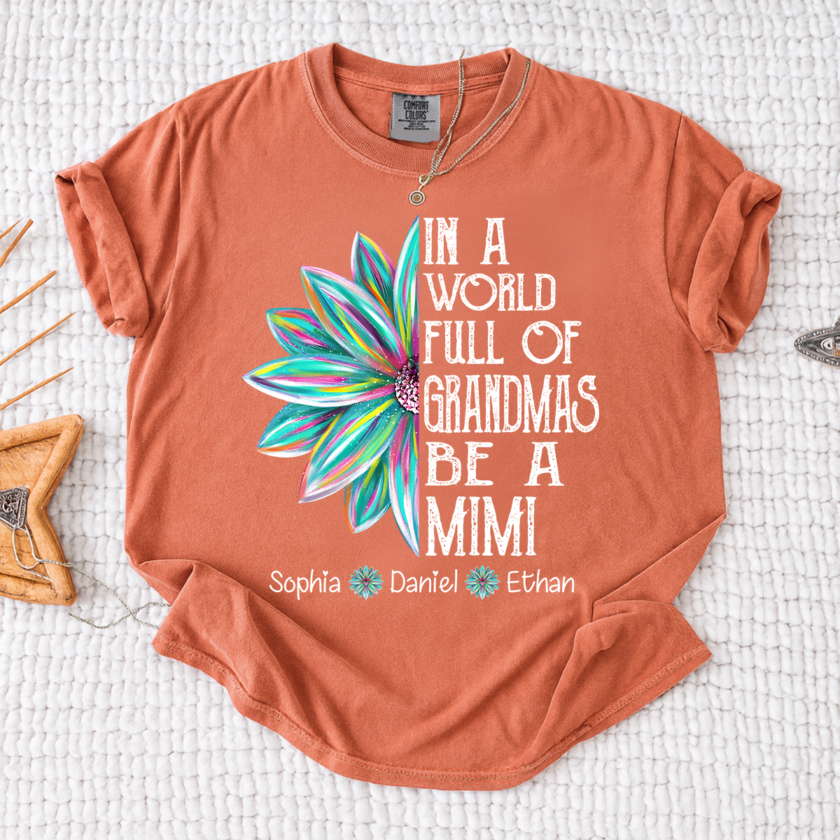 Comfort Colors In A World Full Of Grandmas Be A Mimi Shirt, Personalized Mimi T Shirt with Grandkids Names, Custom Grandma Gift Tee