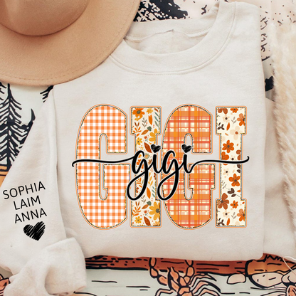 Personalized Gigi Crewneck for Grandma – Fall Colors with Kids' Names on Sleeve