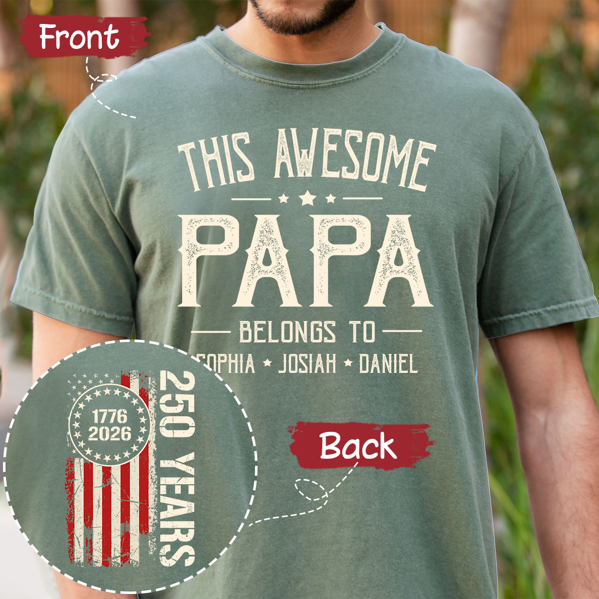 This Awesome Papa Shirt, Personalized Papa Tee with Kids Names, Patriotic 250 Years 1776-2026 Gift for Dad, Family Shirt