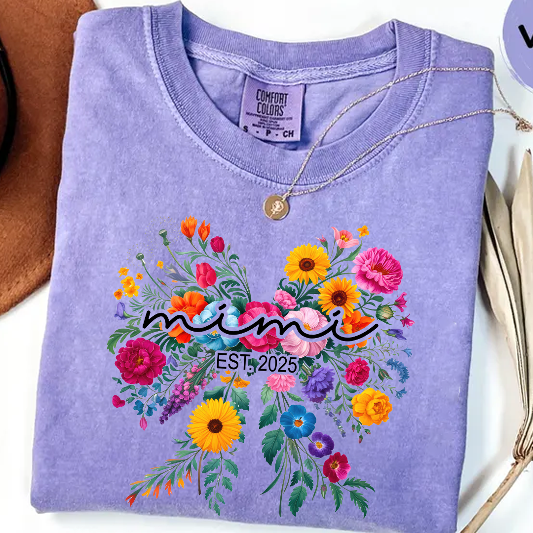 Comfort Colors® Mimi Bow Flower Est T-Shirt, Custom Grandma With Grandkids Shirt